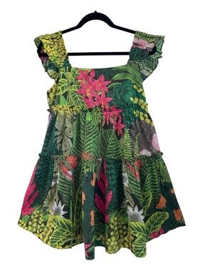 Palms Away Bold Tropical Print Tiered Skirt Smocked Ruffled Straps Mini Dress M